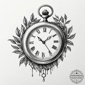 A melting pocket watch draped over a branch,... - эскиз тату (№1752227699_0, 11.07.2025 09:54) — tattoo-photo.ru