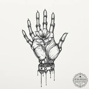 Robotic hand holding a real flower, ink illus... - эскиз тату (№1752229041_0, 11.07.2025 10:17) — tattoo-photo.ru