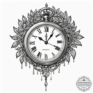 A melting pocket watch draped over a branch,... - эскиз тату (№1752229124_0, 11.07.2025 10:18) — tattoo-photo.ru