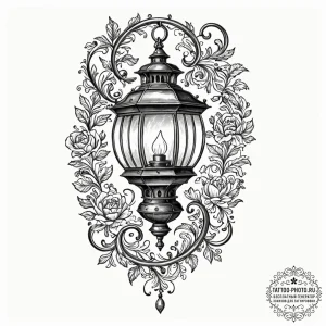 An antique lantern casting long shadows, tatt... - эскиз тату (№1752229629_0, 11.07.2025 10:27) — tattoo-photo.ru