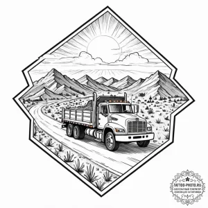 A long-haul truck driving down a deserted hig... - эскиз тату (№1752232030_0, 11.07.2025 11:07) — tattoo-photo.ru