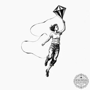 A person flying a kite on a windy day., tatto... - эскиз тату (№1752232107_0, 11.07.2025 11:08) — tattoo-photo.ru