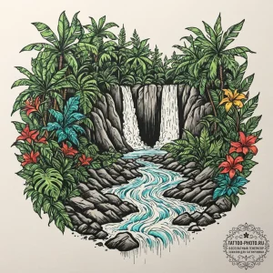 A hidden waterfall cascading into a lush, tro... - эскиз тату (№1752232970_0, 11.07.2025 11:22) — tattoo-photo.ru