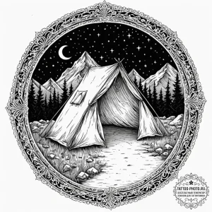 A single, illuminated tent in the vast, dark... - эскиз тату (№1752233638_0, 11.07.2025 11:33) — tattoo-photo.ru