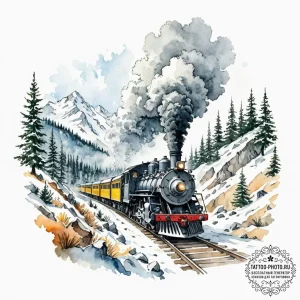A powerful steam locomotive chugging through... - эскиз тату (№1752244028_0, 11.07.2025 14:27) — tattoo-photo.ru