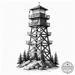 Tattoo sketch a stylized watchtower standing... - эскиз тату (№1752244543_0, 11.07.2025 14:35) — tattoo-photo.ru