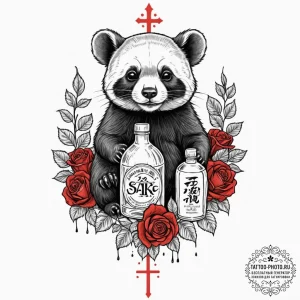 A tanuki with its sake bottle, artistic tatto... - эскиз тату (№1752244798_0, 11.07.2025 14:39) — tattoo-photo.ru