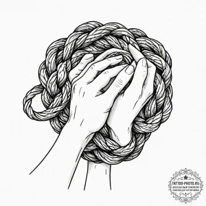 A person's hands tying a complex knot with a... - эскиз тату (№1752248104_0, 11.07.2025 15:35) — tattoo-photo.ru