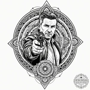 Graphic novel style panel of rick deckard aim... - эскиз тату (№1752249411_0, 11.07.2025 15:56) — tattoo-photo.ru