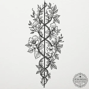 Dna helix intertwined with a floral vine, con... - эскиз тату (№1752250160_0, 11.07.2025 16:09) — tattoo-photo.ru