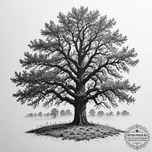 A single, ancient oak tree standing alone in... - эскиз тату (№1752250415_0, 11.07.2025 16:13) — tattoo-photo.ru