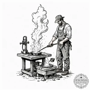 A blacksmith quenching a hot piece of metal i... - эскиз тату (№1752250499_0, 11.07.2025 16:14) — tattoo-photo.ru