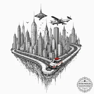 Tattoo design a retro pixelated cityscape wit... - эскиз тату (№1752250919_0, 11.07.2025 16:21) — tattoo-photo.ru