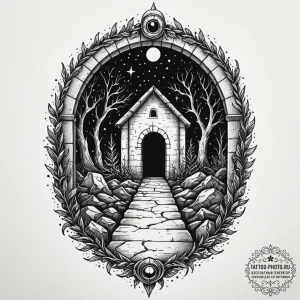 Tattoo sketch a fantasy dungeon entrance with... - эскиз тату (№1752252696_0, 11.07.2025 16:51) — tattoo-photo.ru