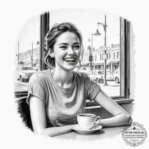 Candid photograph of a young woman laughing h... - эскиз тату (№1752255550_0, 11.07.2025 17:39) — tattoo-photo.ru