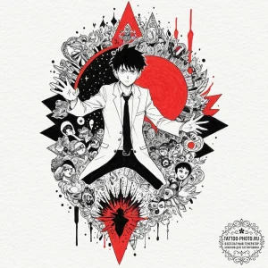 A watercolor tattoo of mob from mob psycho 10... - эскиз тату (№1752256389_0, 11.07.2025 17:53) — tattoo-photo.ru