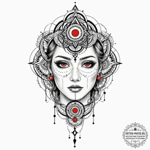 Trash polka style face of a replicant, half f... - эскиз тату (№1752257645_0, 11.07.2025 18:14) — tattoo-photo.ru