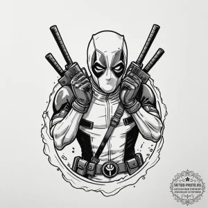 A neo-traditional tattoo of deadpool, breakin... - эскиз тату (№1752258904_0, 11.07.2025 18:35) — tattoo-photo.ru