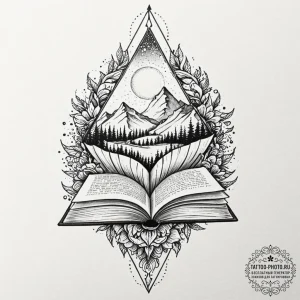 A book with a fantasy world growing from its... - эскиз тату (№1752261332_0, 11.07.2025 19:15) — tattoo-photo.ru