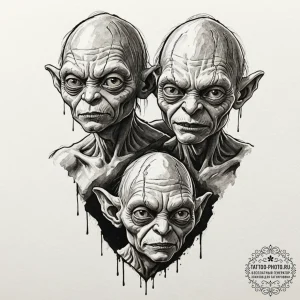 A sketch of gollum/smeagol, his face split be... - эскиз тату (№1752263851_0, 11.07.2025 19:57) — tattoo-photo.ru