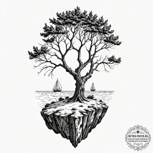 A shot of a lone tree on a cliff, battered by... - эскиз тату (№1752264020_0, 11.07.2025 20:00) — tattoo-photo.ru