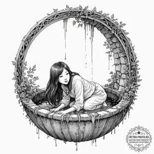 A watercolor sketch of the creepy girl from t... - эскиз тату (№1752264698_0, 11.07.2025 20:11) — tattoo-photo.ru