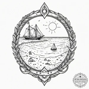 A pristine, white sand beach with crystal cle... - эскиз тату (№1752266454_0, 11.07.2025 20:40) — tattoo-photo.ru