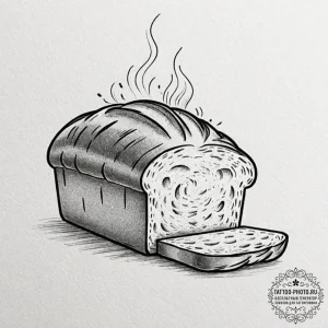 A close-up of a fresh loaf of bread being sli... - эскиз тату (№1752266620_0, 11.07.2025 20:43) — tattoo-photo.ru