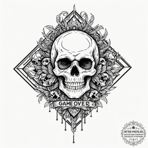 Tattoo design a stylized "game over" screen w... - эскиз тату (№1752267038_0, 11.07.2025 20:50) — tattoo-photo.ru