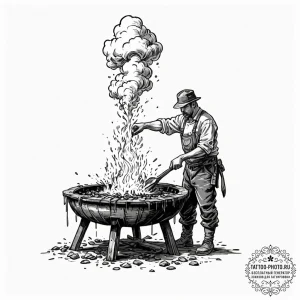 A blacksmith quenching a hot piece of metal i... - эскиз тату (№1752267205_0, 11.07.2025 20:53) — tattoo-photo.ru