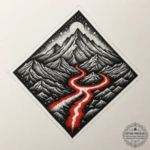 Tattoo sketch a volcanic landscape with glowi... - эскиз тату (№1752273660_0, 11.07.2025 22:41) — tattoo-photo.ru