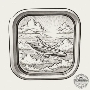 A view from a window seat of an airplane, loo... - эскиз тату (№1752273738_0, 11.07.2025 22:42) — tattoo-photo.ru