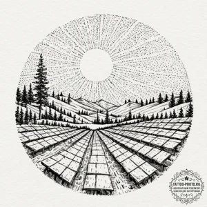 A shot of a solar panel farm stretching to th... - эскиз тату (№1752276678_0, 11.07.2025 23:31) — tattoo-photo.ru