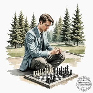 A person playing chess in a park, deeply conc... - эскиз тату (№1752277103_0, 11.07.2025 23:38) — tattoo-photo.ru