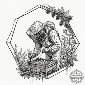A beekeeper inspecting a honeycomb frame., ar... - эскиз тату (№1752277187_0, 11.07.2025 23:39) — tattoo-photo.ru