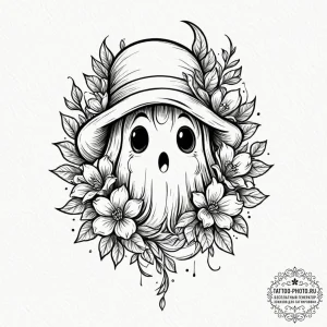 Tattoo design a cute, stylized ghost peeking... - эскиз тату (№1752278788_0, 12.07.2025 00:06) — tattoo-photo.ru