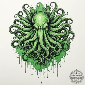 A trash polka tattoo of cthulhu rising from t... - эскиз тату (№1752278955_0, 12.07.2025 00:09) — tattoo-photo.ru