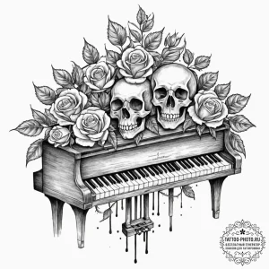 A close-up of the keys of a vintage, well-use... - эскиз тату (№1752282658_0, 12.07.2025 01:10) — tattoo-photo.ru