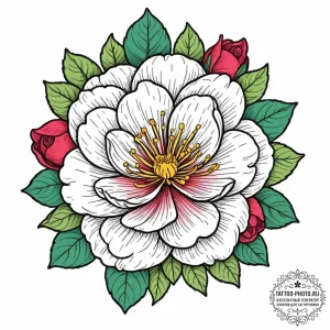 Camellia, concept art for tattoo, old school... - эскиз тату (№1752287000_0, 12.07.2025 02:23) — tattoo-photo.ru