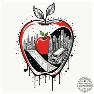 Apple, tattoo sketch design, trash polka tatt... - эскиз тату (№1752288335_0, 12.07.2025 02:45) — tattoo-photo.ru