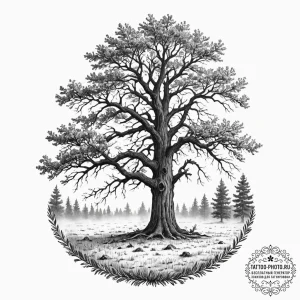 A single, ancient oak tree standing alone in... - эскиз тату (№1752291095_0, 12.07.2025 03:31) — tattoo-photo.ru