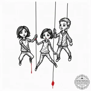 Strings with puppets, ink illustration for ta... - эскиз тату (№1752292355_0, 12.07.2025 03:52) — tattoo-photo.ru
