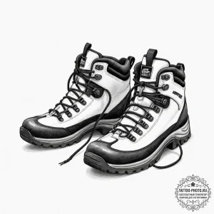 Tattoo sketch a pair of hiking boots, one on... - эскиз тату (№1752293361_0, 12.07.2025 04:09) — tattoo-photo.ru