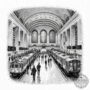 A crowded platform in a grand, old train stat... - эскиз тату (№1752296034_0, 12.07.2025 04:53) — tattoo-photo.ru