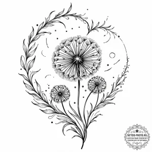 Tattoo sketch a dandelion with seeds blowing... - эскиз тату (№1752296370_0, 12.07.2025 04:59) — tattoo-photo.ru