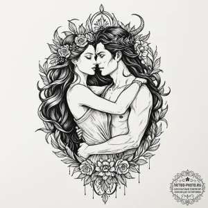 Hades and persephone's embrace, ink illustrat... - эскиз тату (№1752299046_0, 12.07.2025 05:44) — tattoo-photo.ru