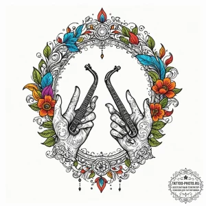 Tattoo design two stylized hands playing inst... - эскиз тату (№1752301483_0, 12.07.2025 06:24) — tattoo-photo.ru