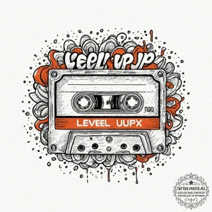 Tattoo design a cassette tape labeled 'level... - эскиз тату (№1752302406_0, 12.07.2025 06:40) — tattoo-photo.ru