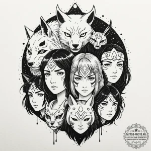 A linework design of the different masks worn... - эскиз тату (№1752303164_0, 12.07.2025 06:52) — tattoo-photo.ru