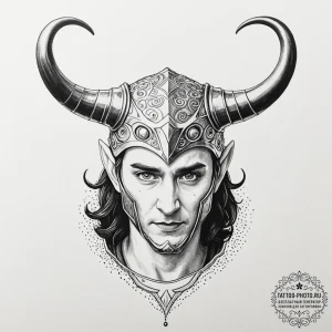 A sketch of loki, with his horned helmet and... - эскиз тату (№1752303669_0, 12.07.2025 07:01) — tattoo-photo.ru